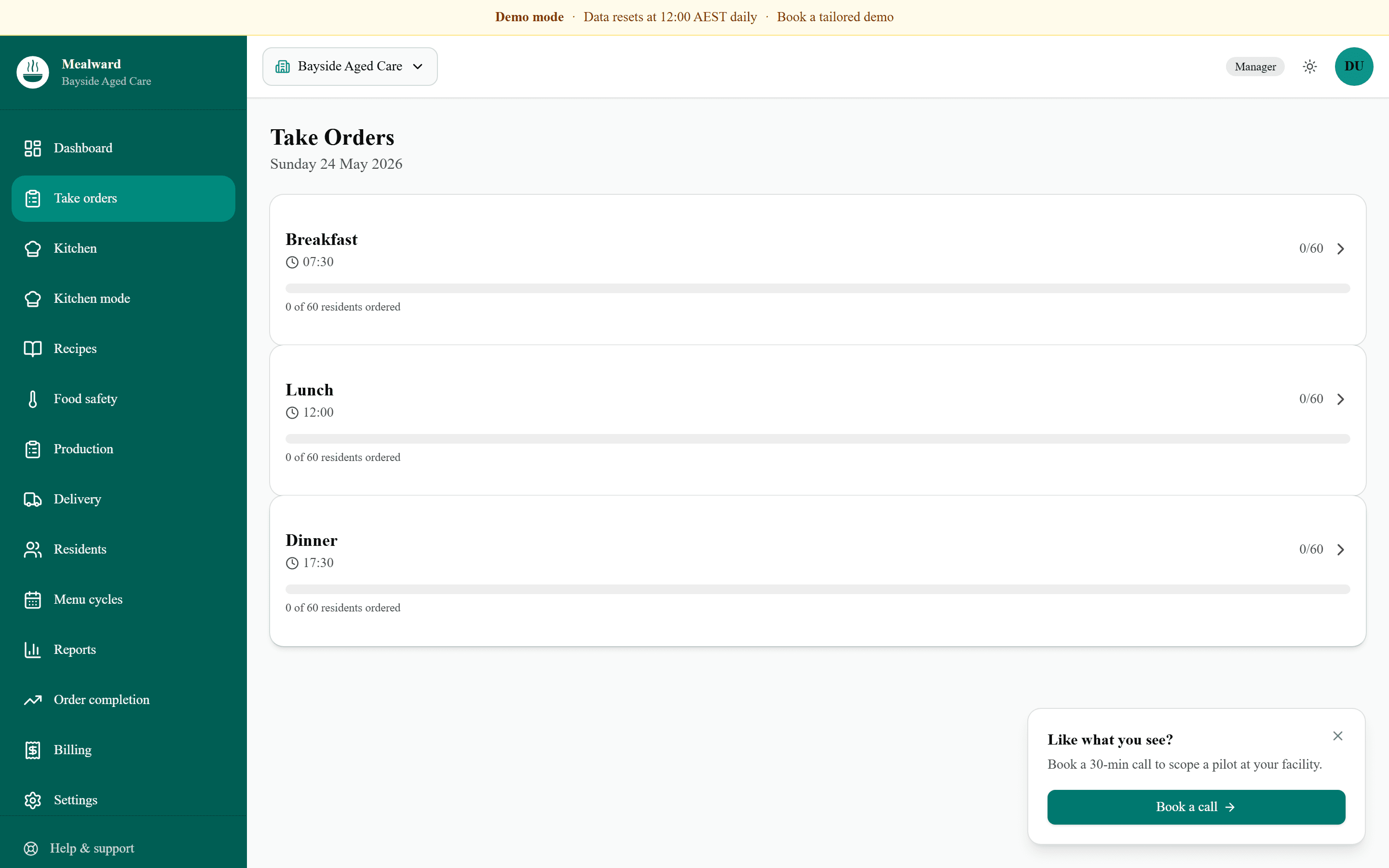 Mealward take-orders service screen on an iPad